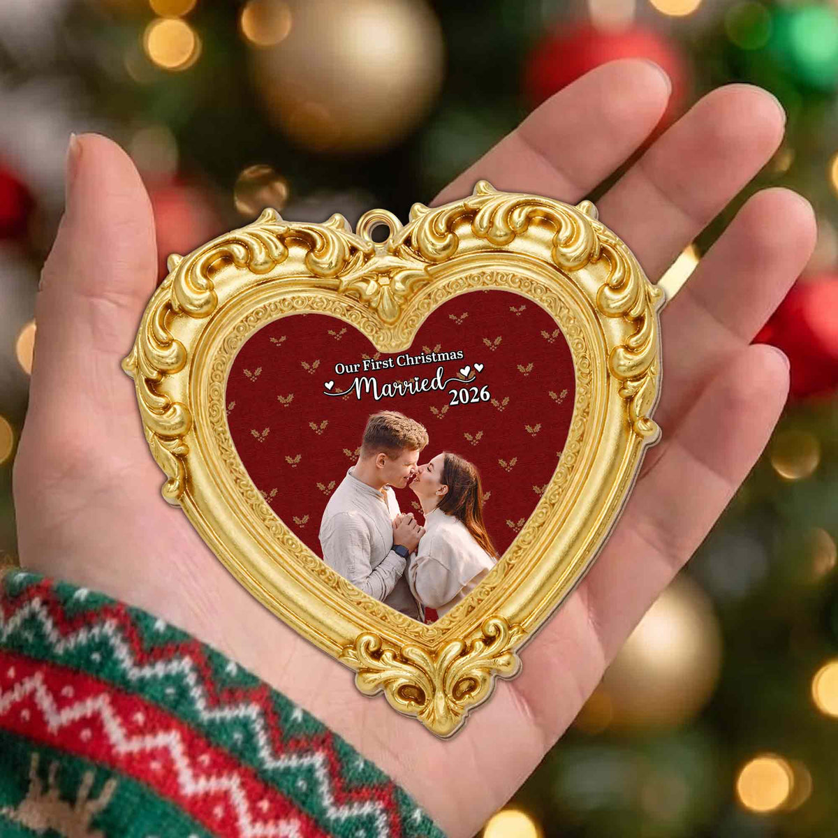 Our First Christmas Married Ornate Gold Heart Photo Frame - Personalized Custom Wood Ornament, Custom Shaped - CPL2248_WDO