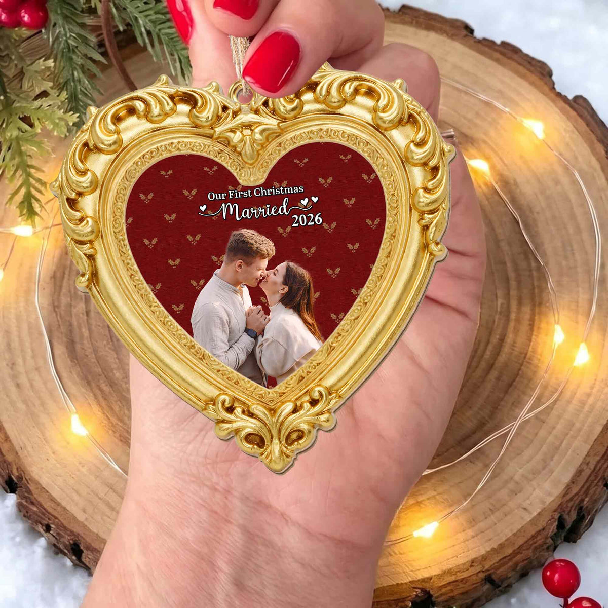 Our First Christmas Married Ornate Gold Heart Photo Frame - Personalized Custom Wood Ornament, Custom Shaped - CPL2248_WDO