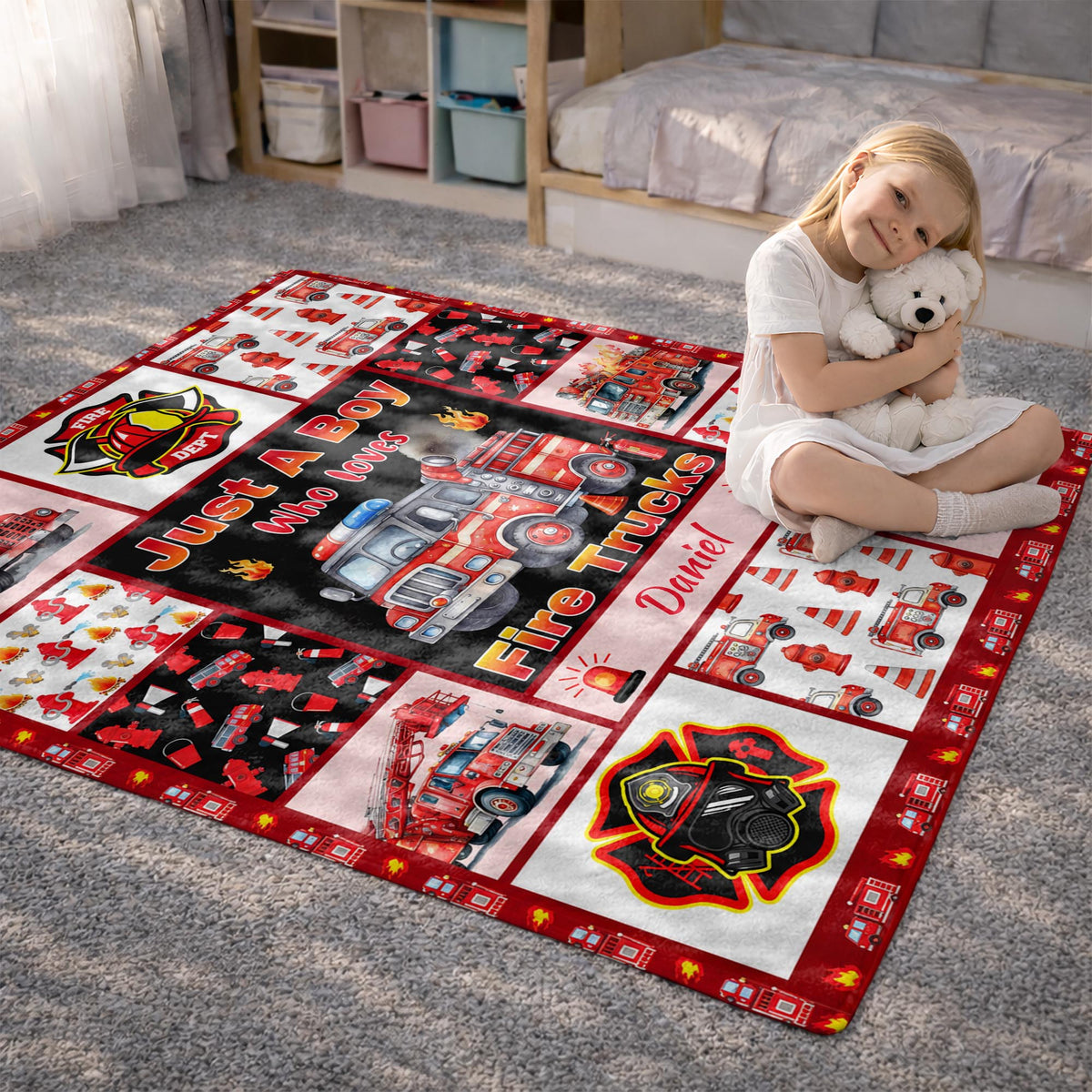 Just A Boy Who Loves Fire Trucks With Firefighter Icons - Personalized Custom Blanket - FIF159_BLK