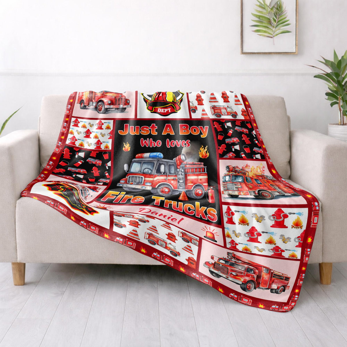 Just A Boy Who Loves Fire Trucks With Firefighter Icons - Personalized Custom Blanket - FIF159_BLK