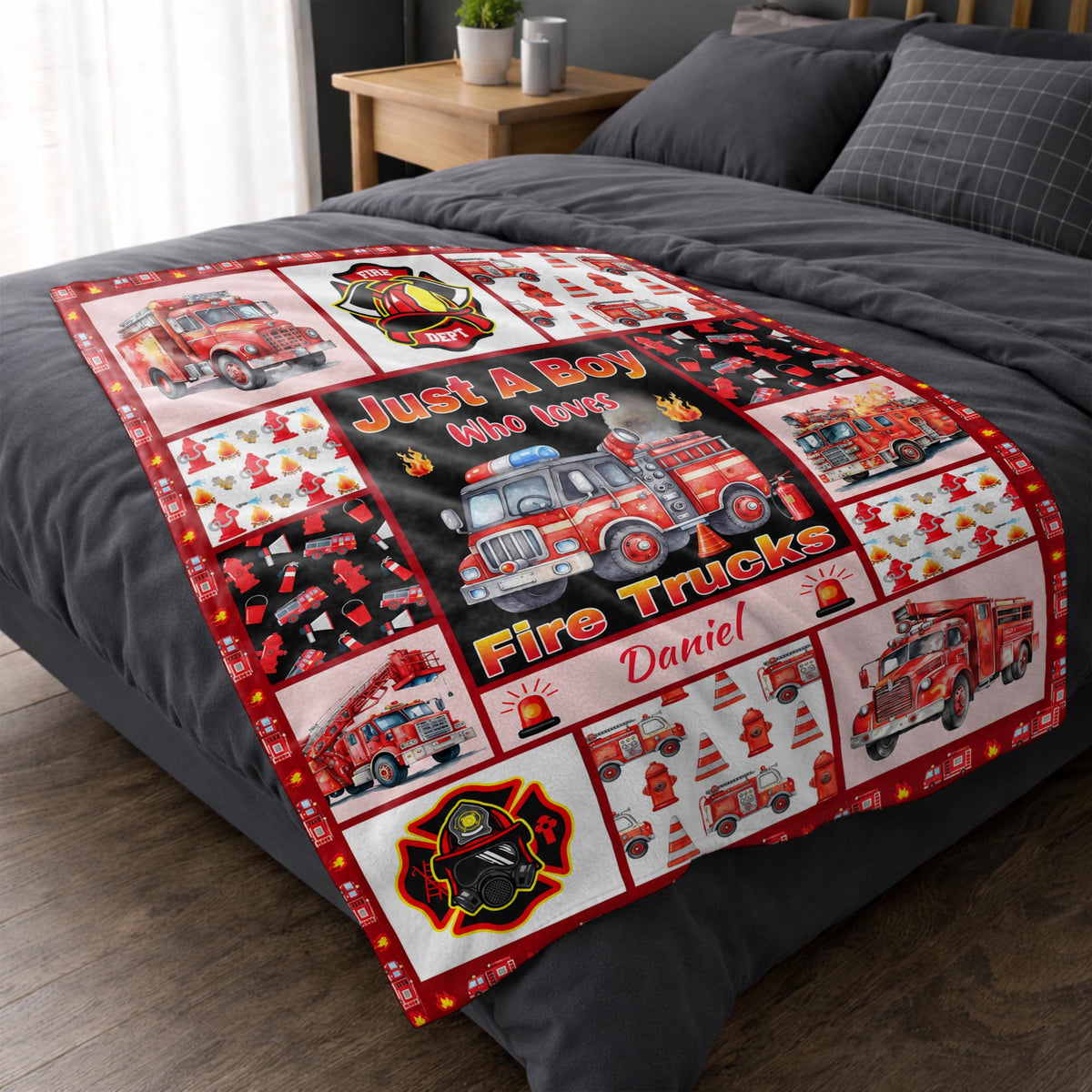 Just A Boy Who Loves Fire Trucks With Firefighter Icons - Personalized Custom Blanket - FIF159_BLK