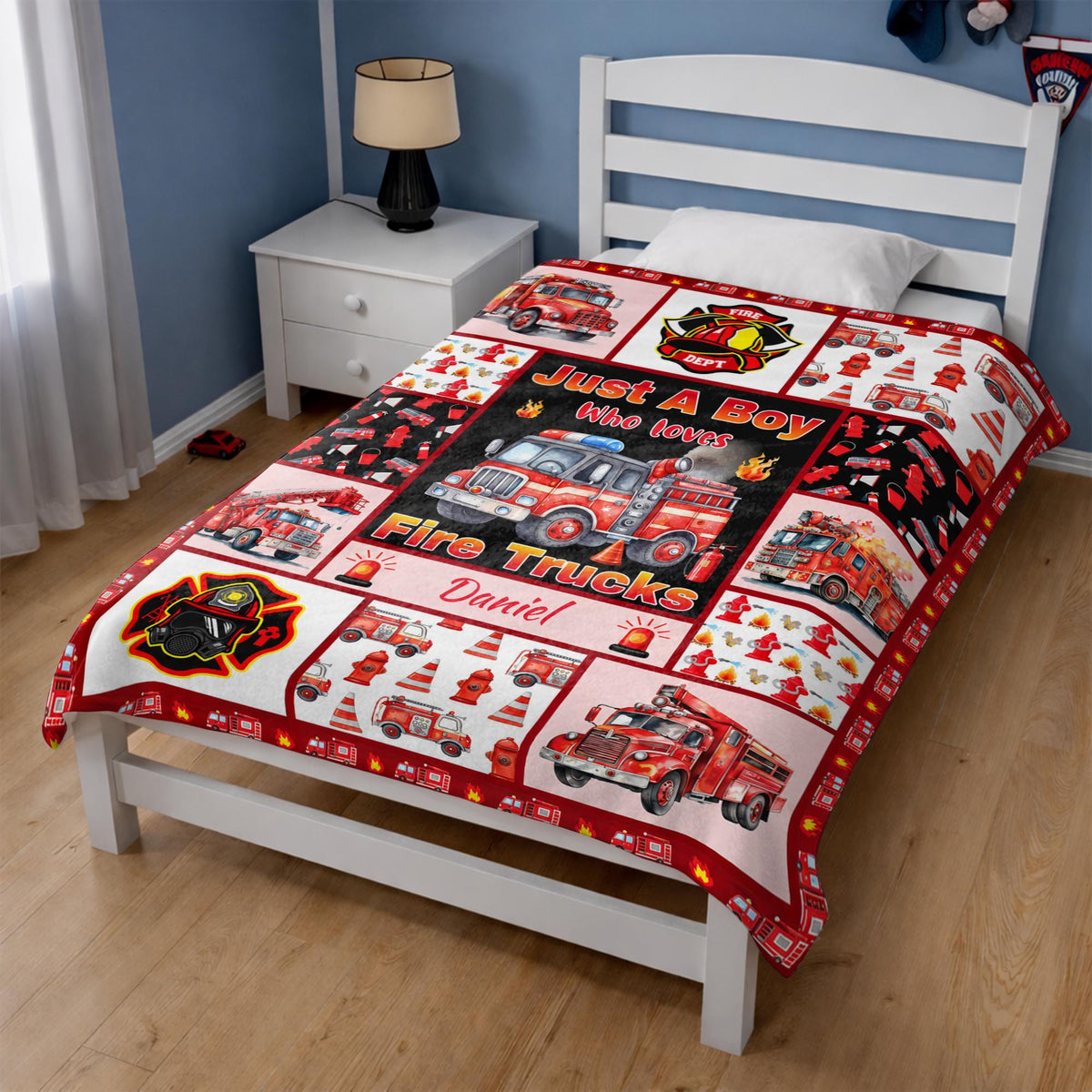 Just A Boy Who Loves Fire Trucks With Firefighter Icons - Personalized Custom Blanket - FIF159_BLK