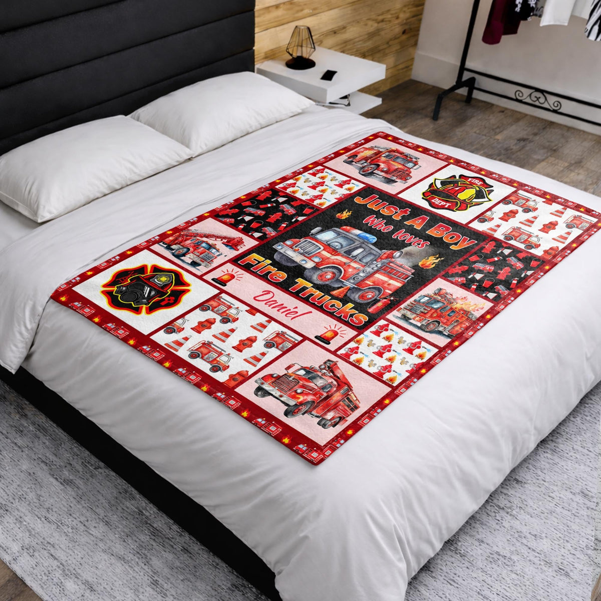 Just A Boy Who Loves Fire Trucks With Firefighter Icons - Personalized Custom Blanket - FIF159_BLK