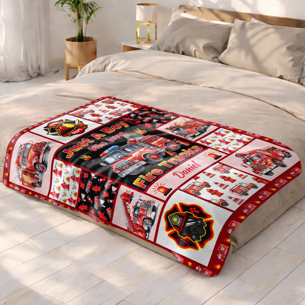 Just A Boy Who Loves Fire Trucks With Firefighter Icons - Personalized Custom Blanket - FIF159_BLK