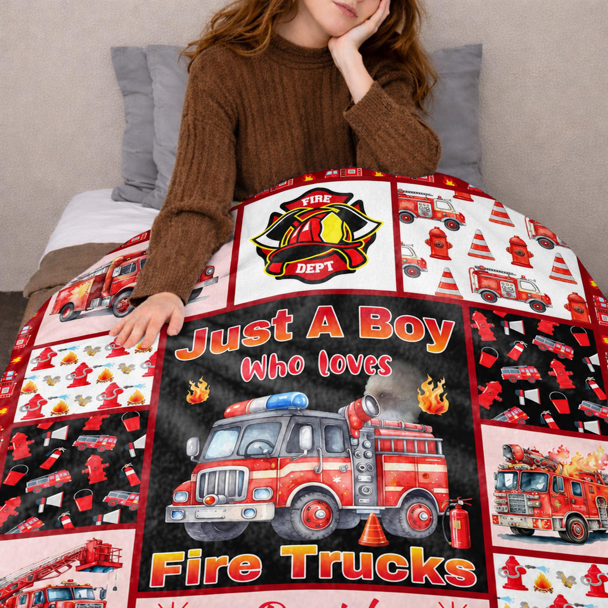 Just A Boy Who Loves Fire Trucks With Firefighter Icons - Personalized Custom Blanket - FIF159_BLK