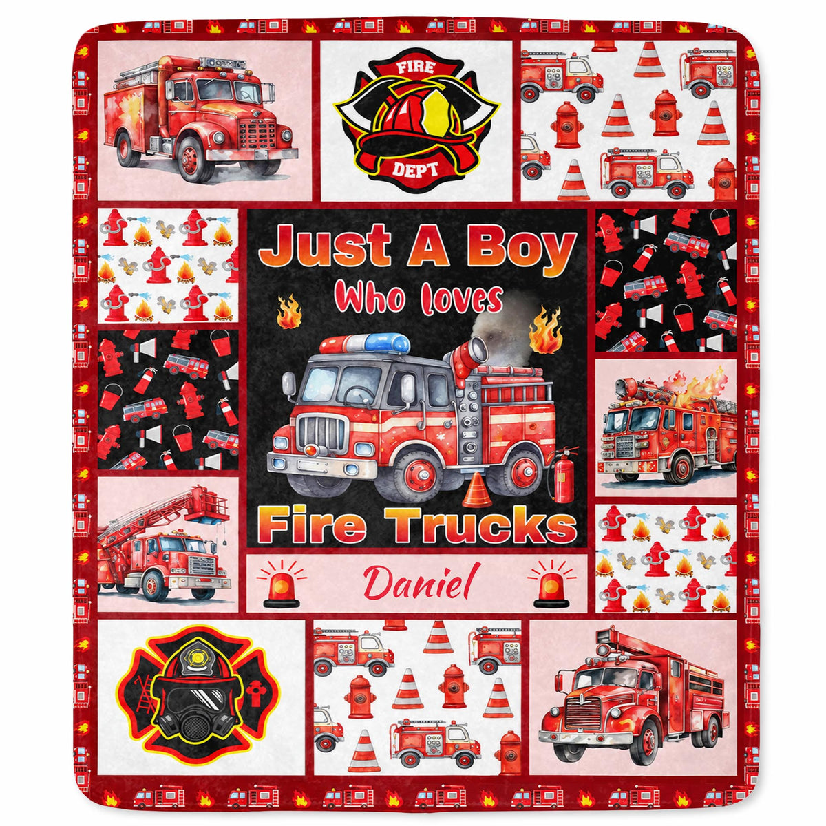 Just A Boy Who Loves Fire Trucks With Firefighter Icons - Personalized Custom Blanket - FIF159_BLK