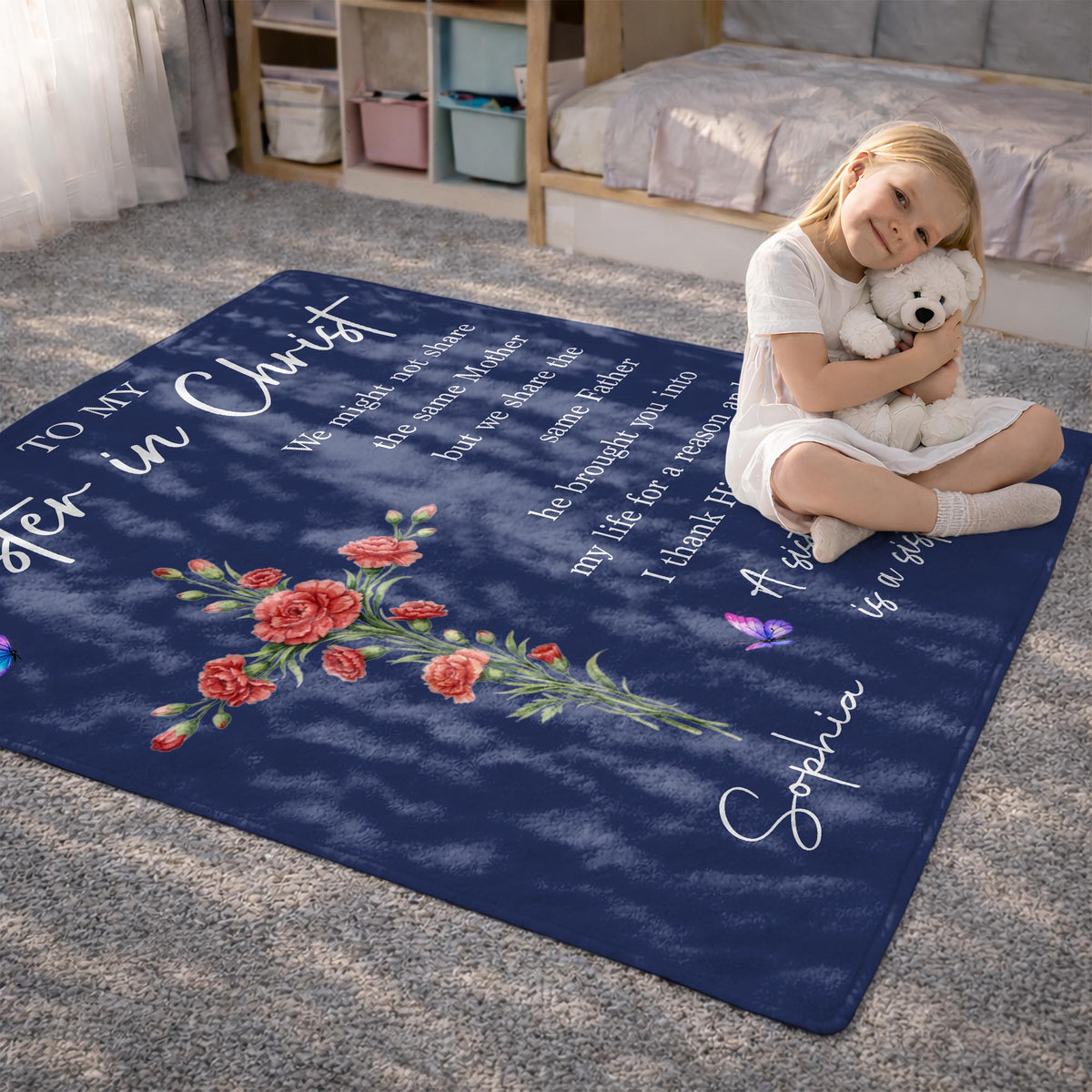 To My Sister In Christ Flower Cross And Butterfly - Personalized Custom Blanket - FTH184_BLK