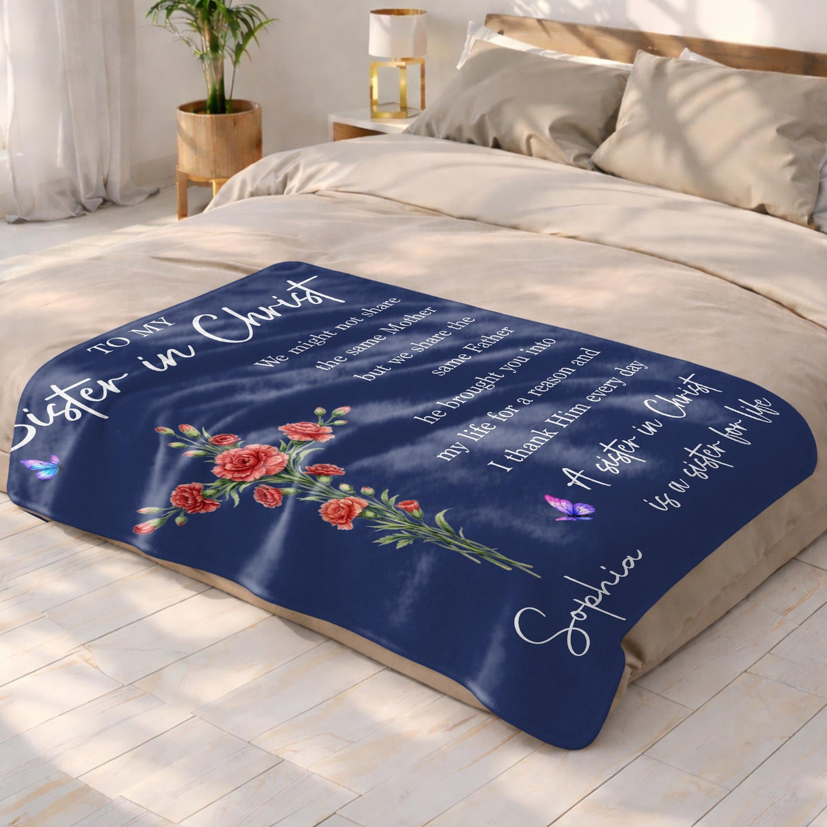 To My Sister In Christ Flower Cross And Butterfly - Personalized Custom Blanket - FTH184_BLK