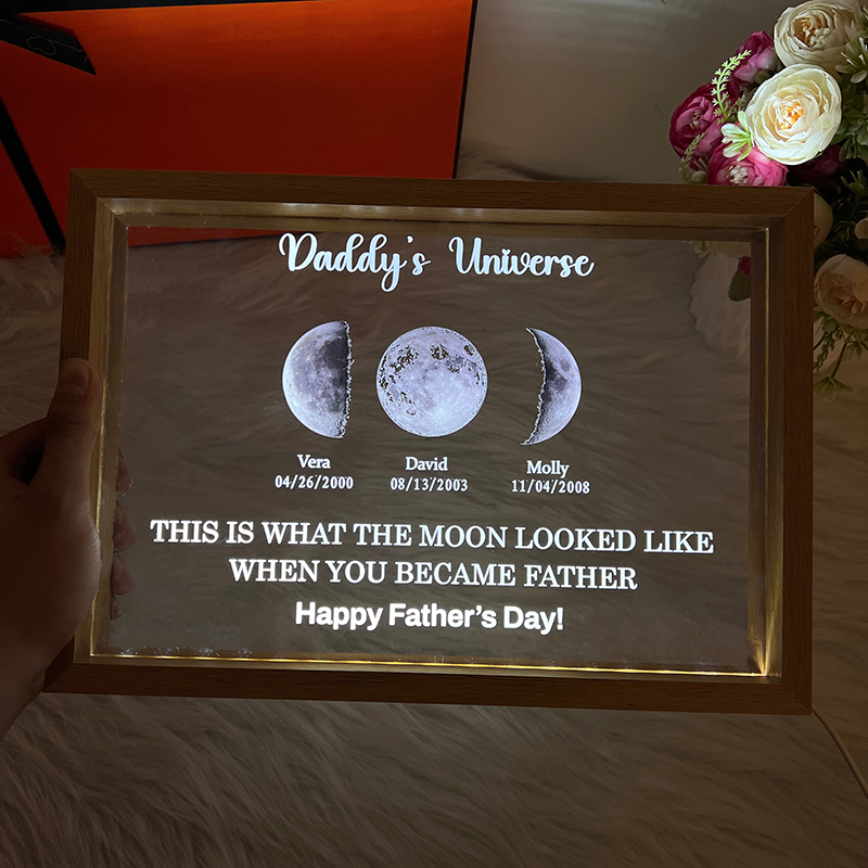 Led light frame with text and date - dad's universe