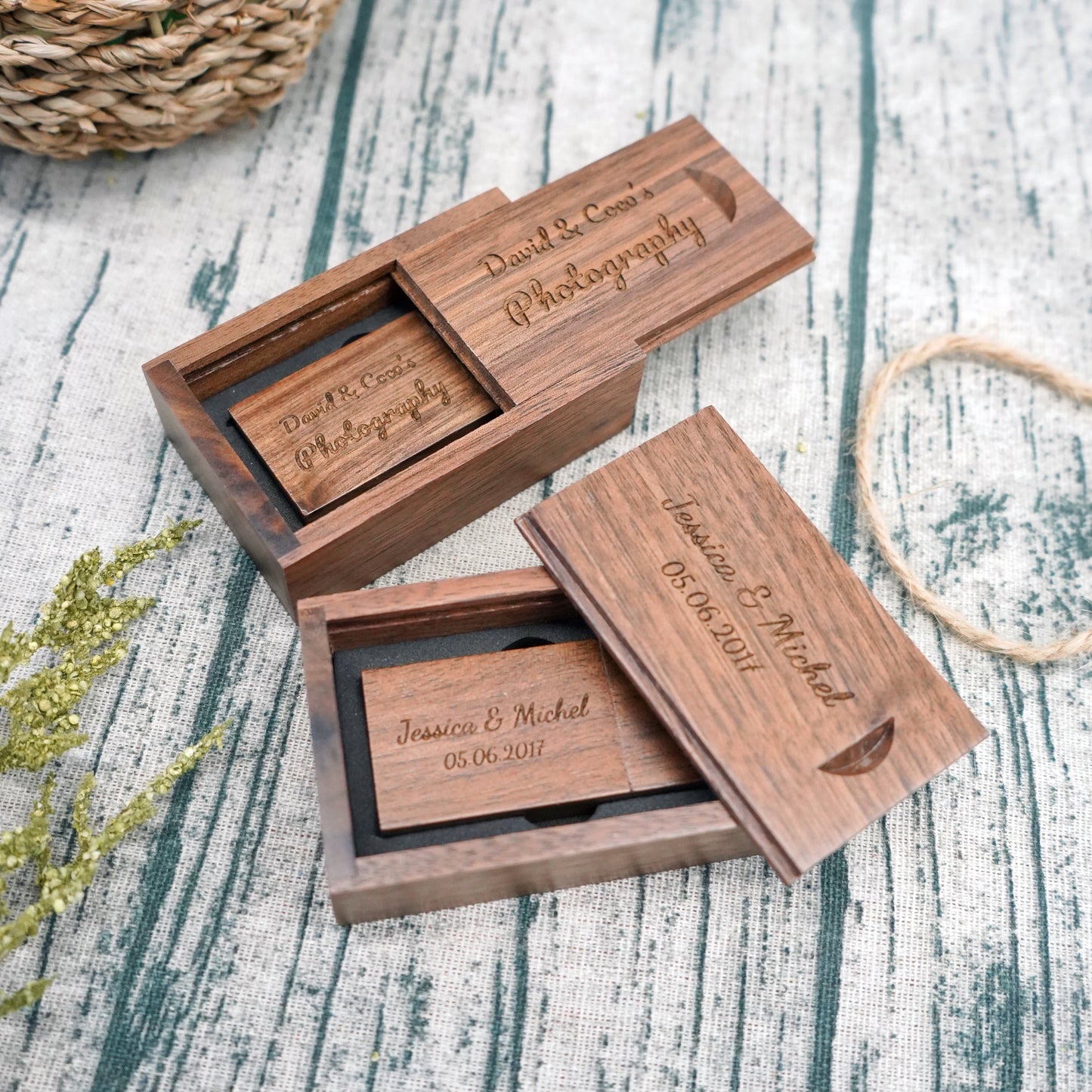 Engraved USB Flash Drive & Thin Walnut Wood Box Set