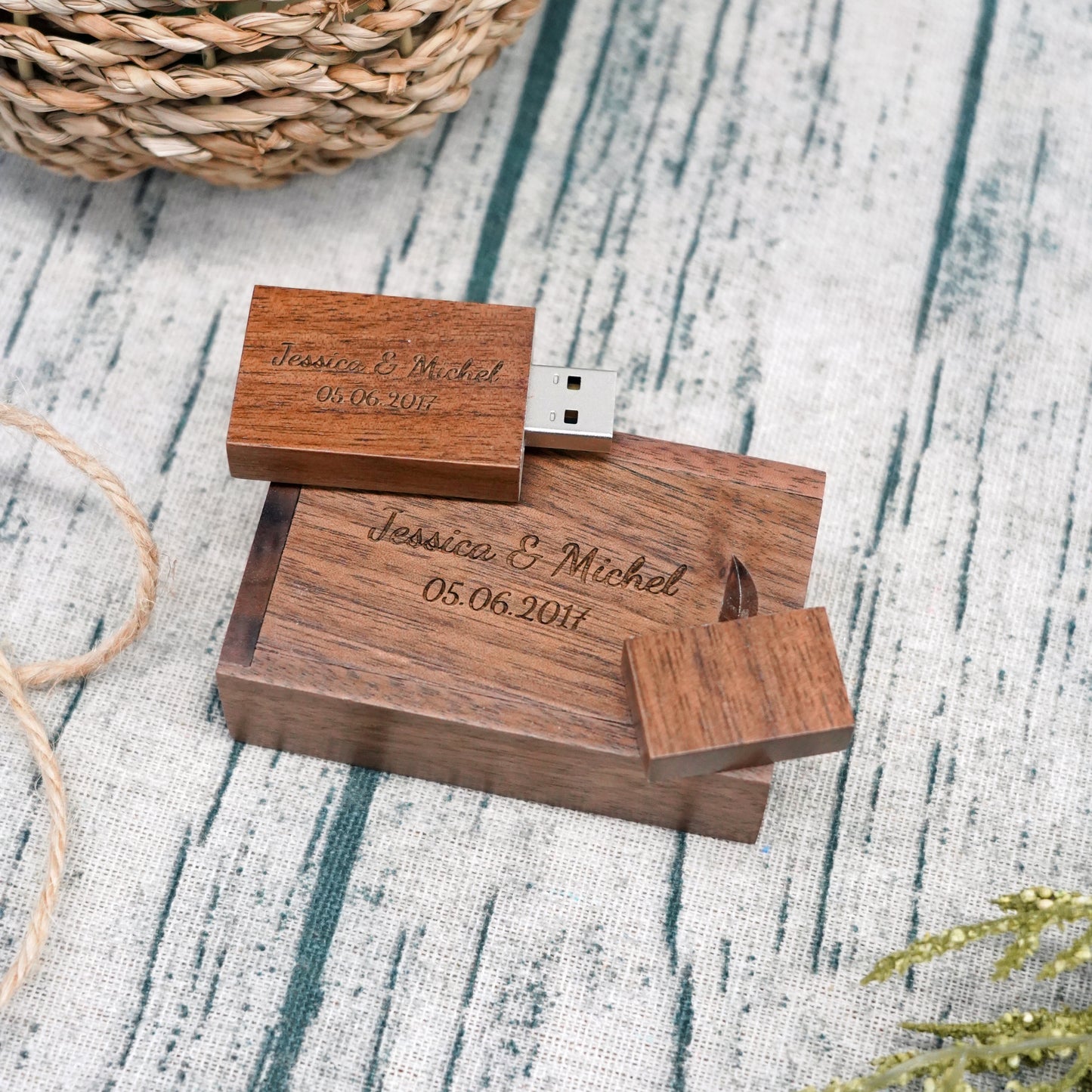 Engraved USB Flash Drive & Thin Walnut Wood Box Set