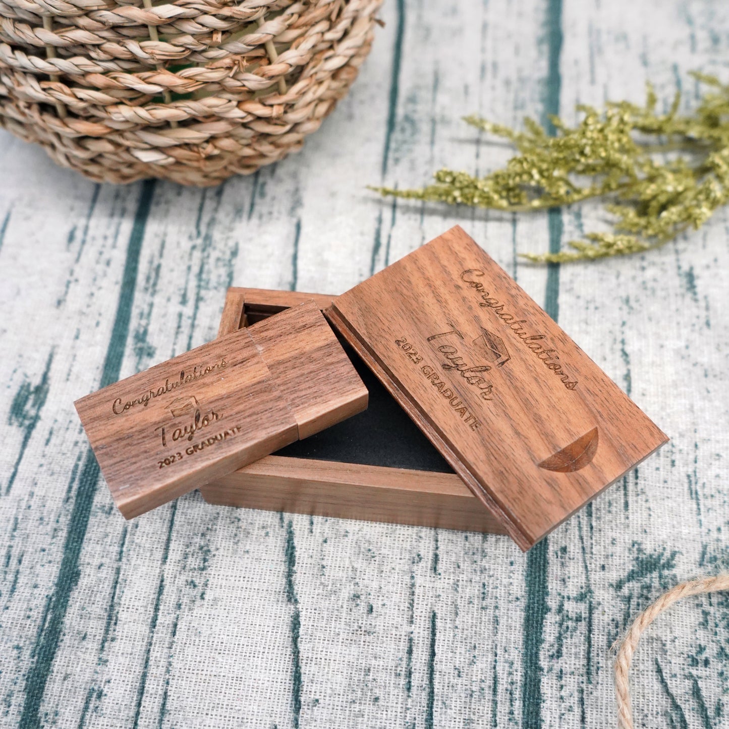 Engraved USB Flash Drive & Thin Walnut Wood Box Set