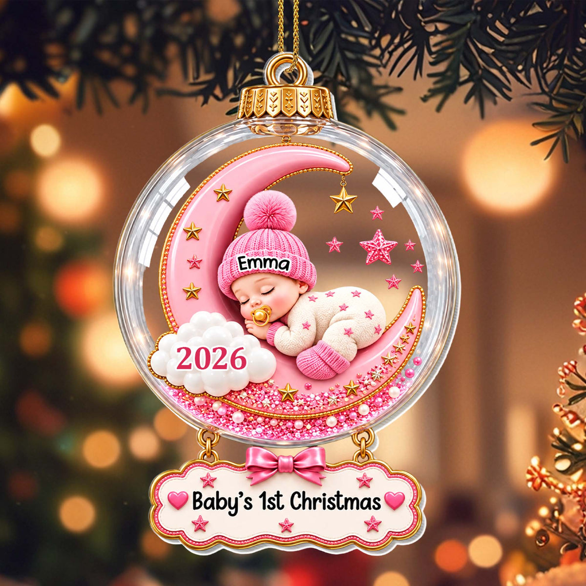 Baby's First Christmas Sleeping On Moon And Stars - Personalized Custom Acrylic Ornament, Christmas Gift - KID1004_ACO