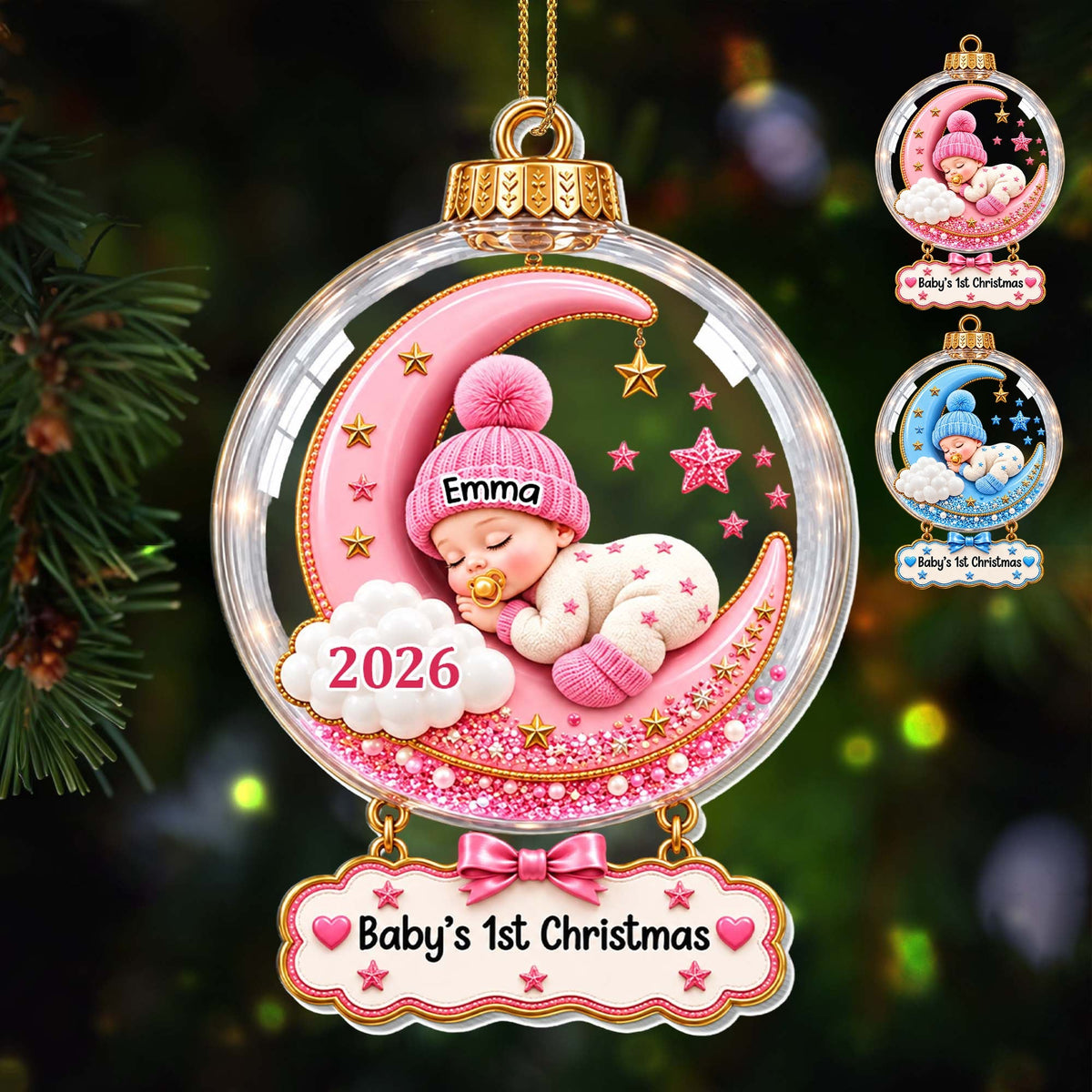 Baby's First Christmas Sleeping On Moon And Stars - Personalized Custom Acrylic Ornament, Christmas Gift - KID1004_ACO