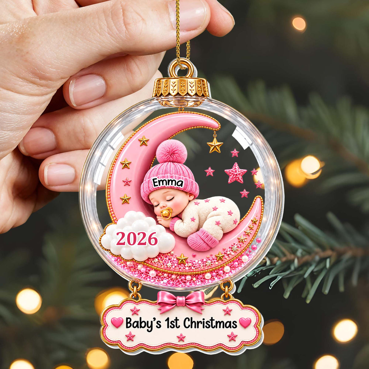Baby's First Christmas Sleeping On Moon And Stars - Personalized Custom Acrylic Ornament, Christmas Gift - KID1004_ACO