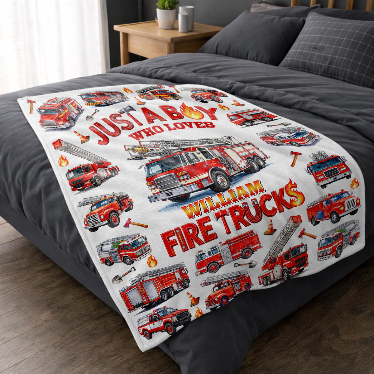 Just A Boy Who Loves Fire Trucks Colorful Fire Engines - Personalized Custom Blanket - KID1017_BLK