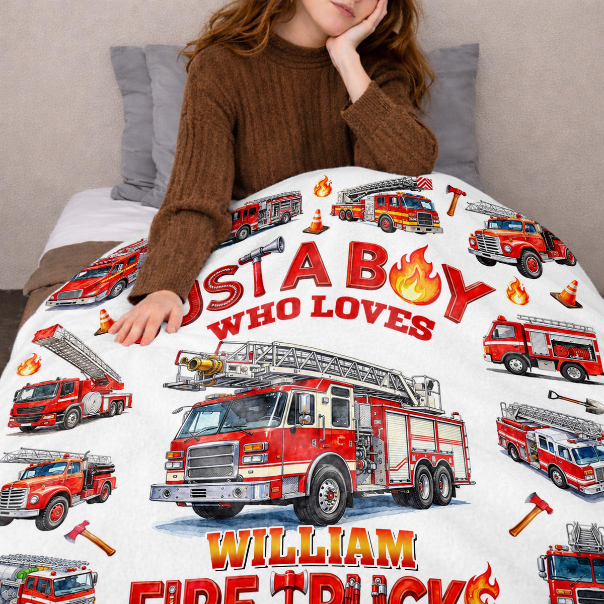 Just A Boy Who Loves Fire Trucks Colorful Fire Engines - Personalized Custom Blanket - KID1017_BLK