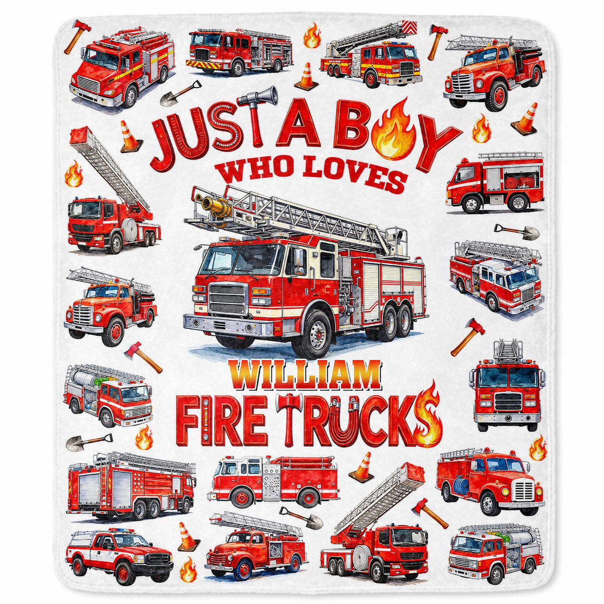Just A Boy Who Loves Fire Trucks Colorful Fire Engines - Personalized Custom Blanket - KID1017_BLK