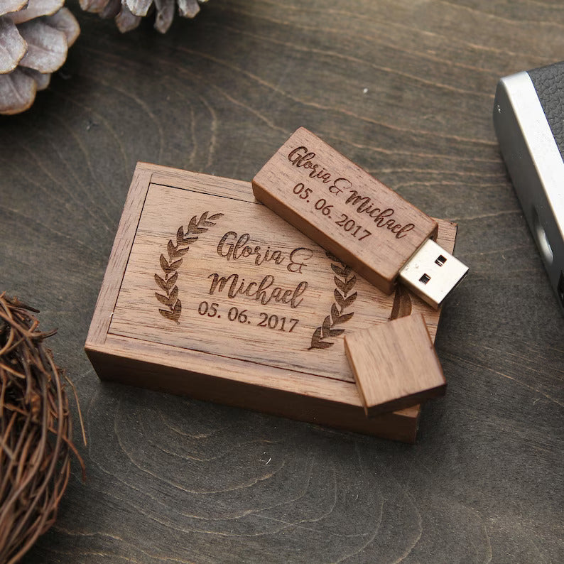 Engraved USB Flash Drive & Thin Walnut Wood Box Set