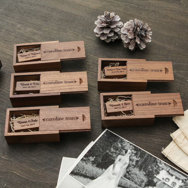 Engraved USB Flash Drive & Thin Walnut Wood Box Set