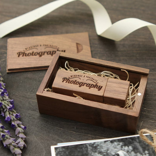 Engraved USB Flash Drive & Thin Walnut Wood Box Set