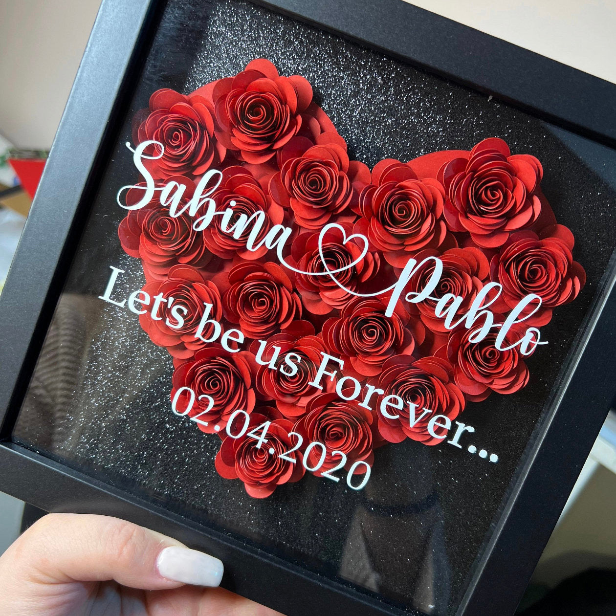 Custom Heart Flower Shadow Box with Text