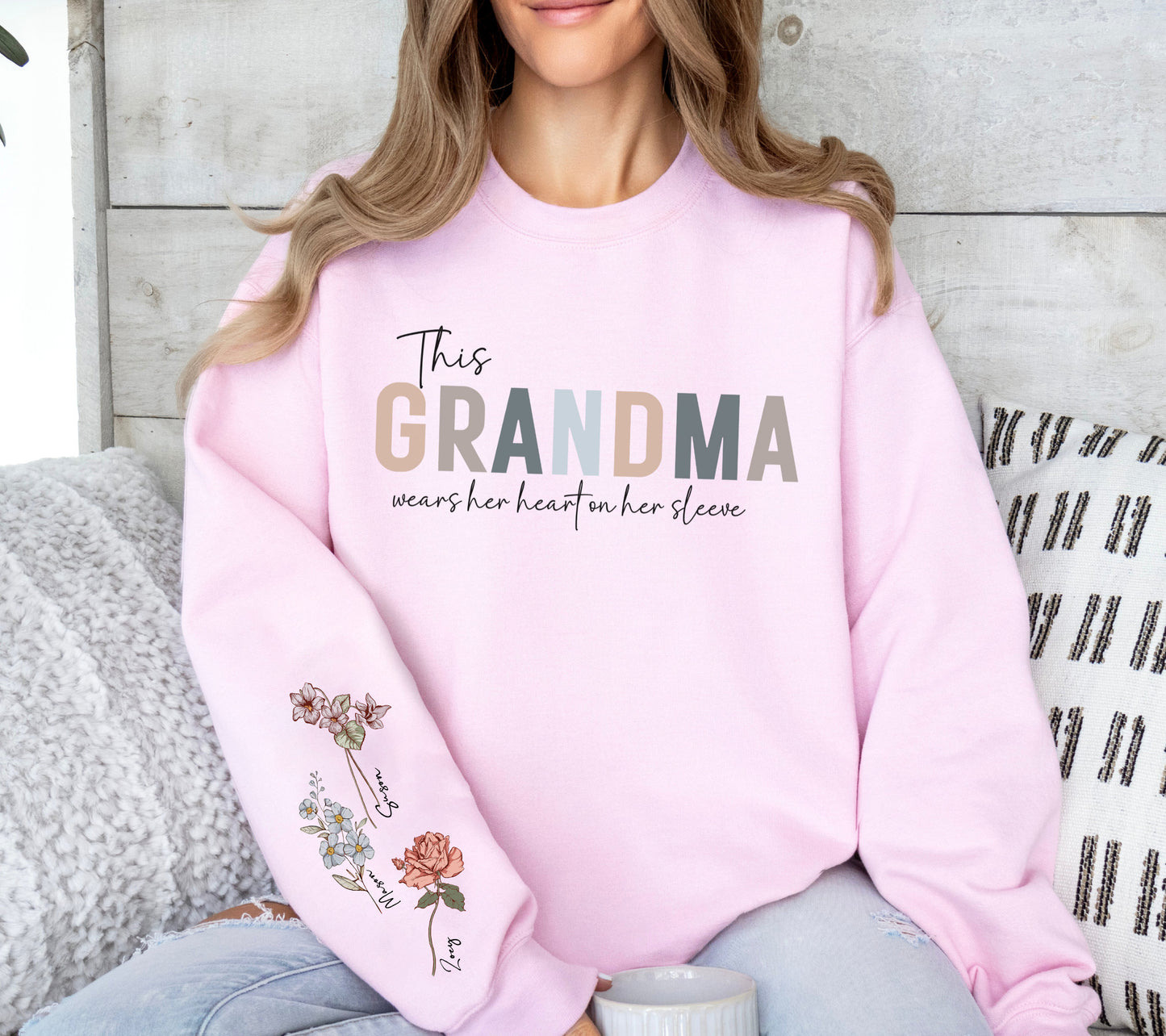 Birth Flower Wear Heart On Sleeve Sweartshirt For Mom And Grandma