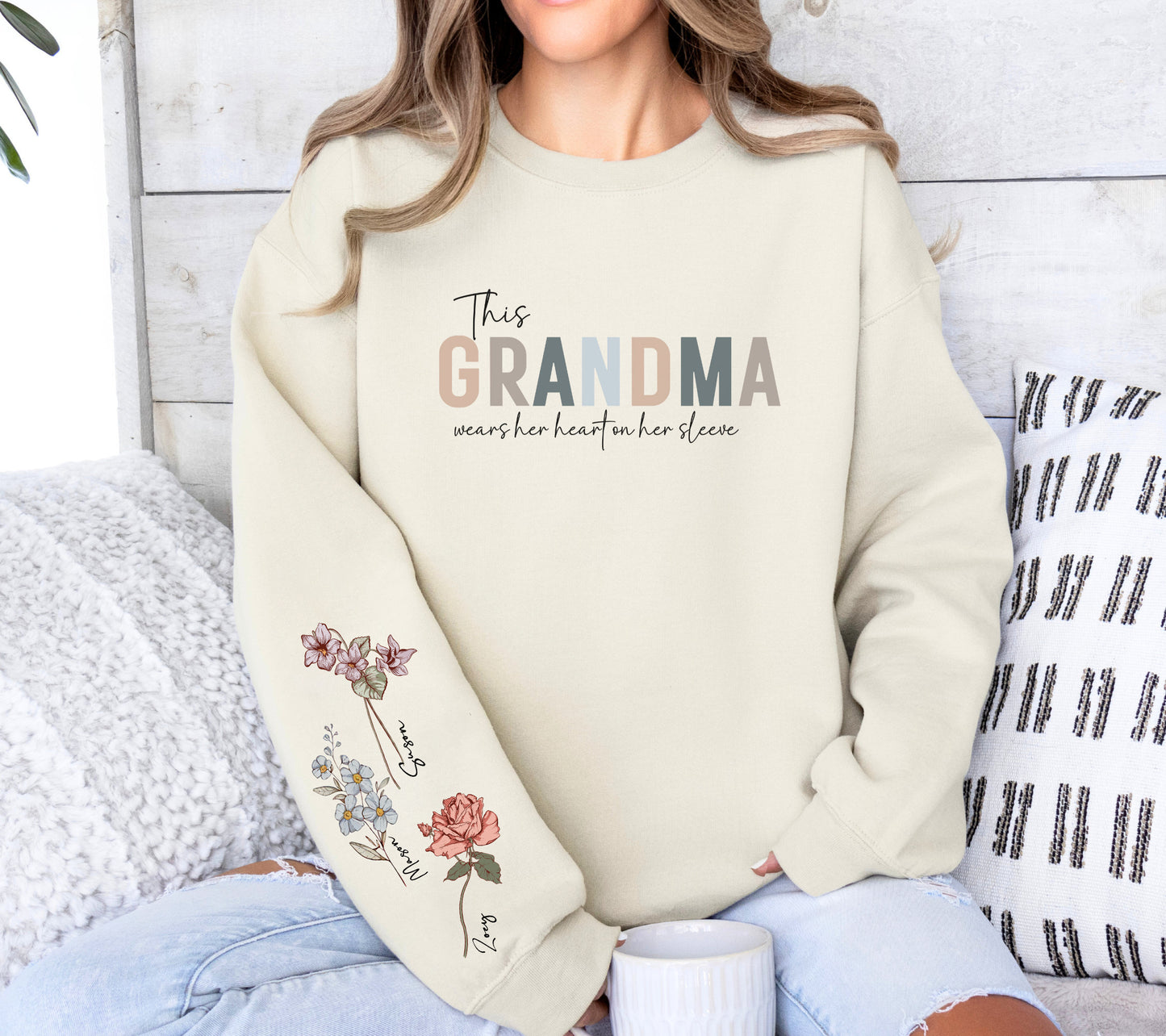 Birth Flower Wear Heart On Sleeve Sweartshirt For Mom And Grandma