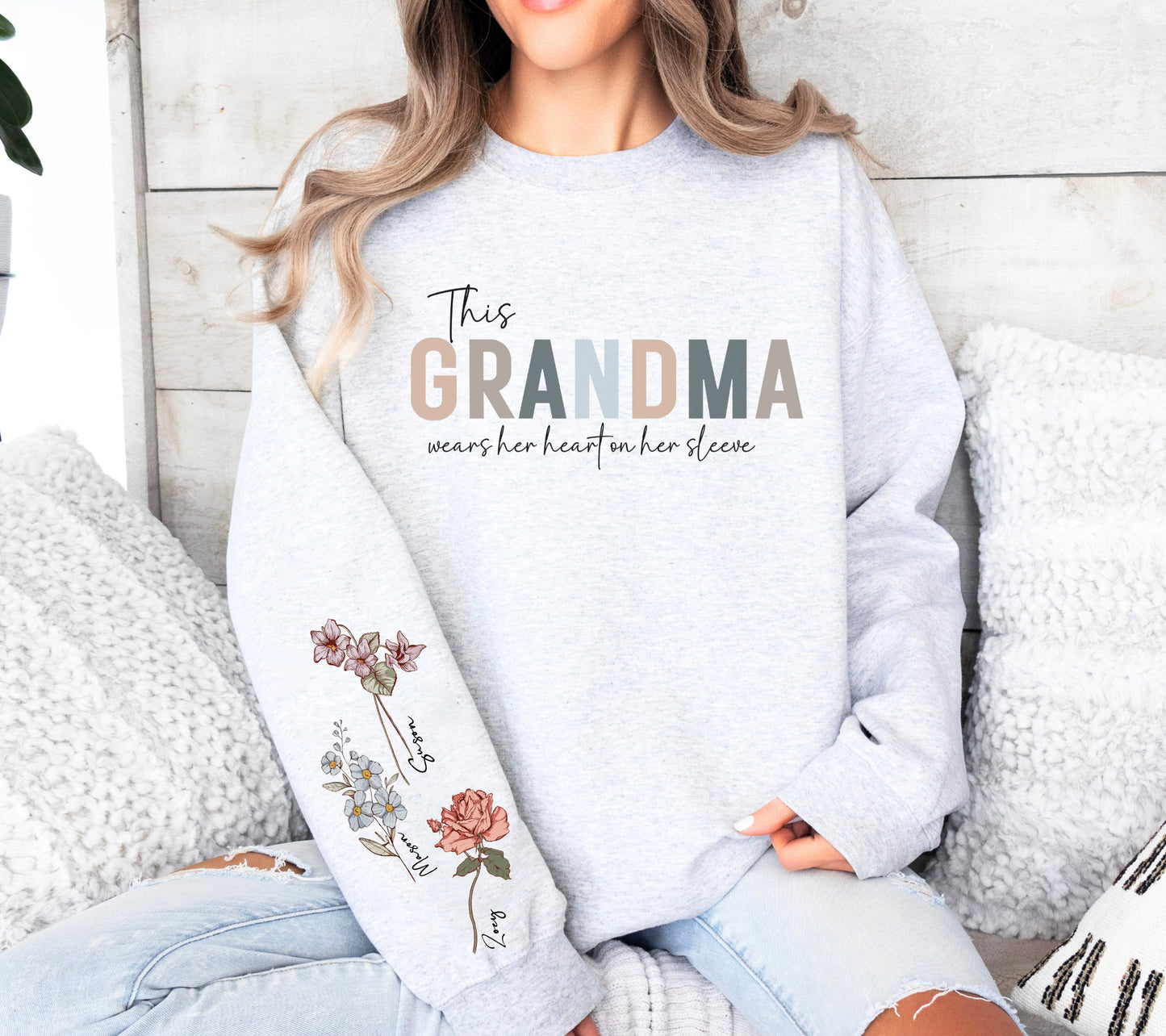 Birth Flower Wear Heart On Sleeve Sweartshirt For Mom And Grandma