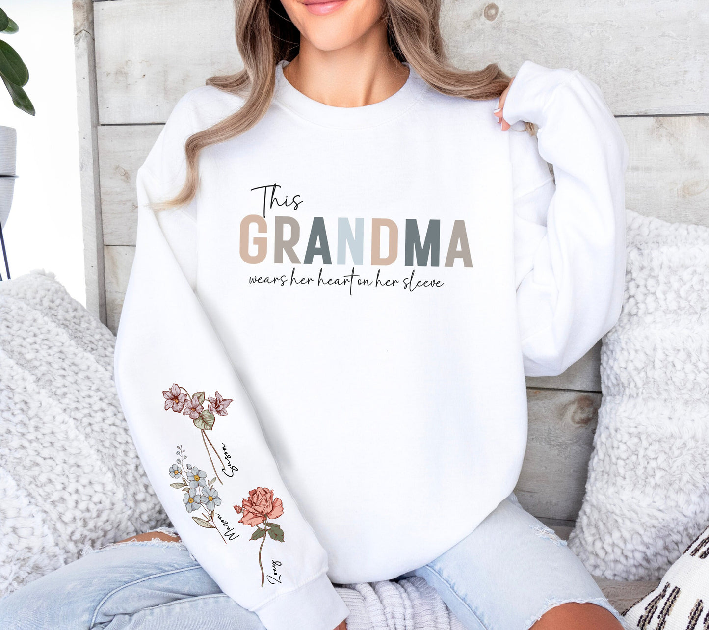 Birth Flower Wear Heart On Sleeve Sweartshirt For Mom And Grandma