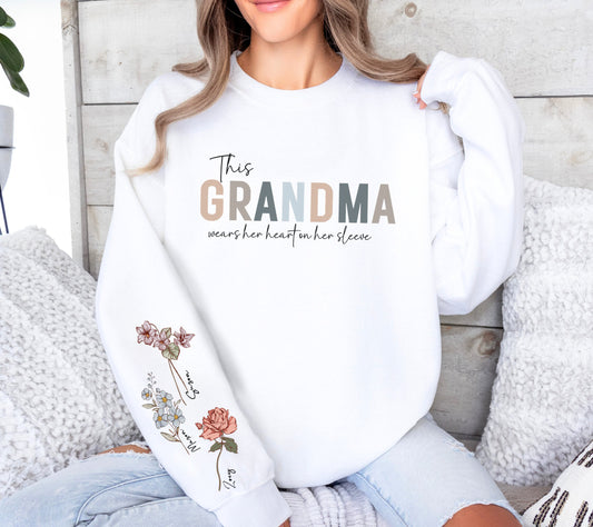 Birth Flower Wear Heart On Sleeve Sweartshirt For Mom And Grandma