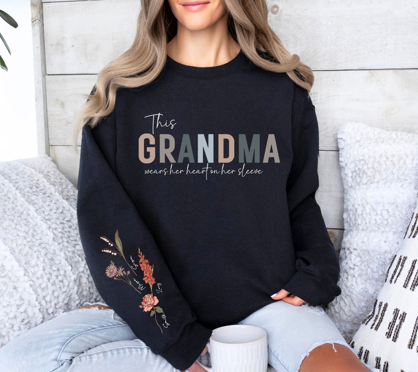 Birth Flower Wear Heart On Sleeve Sweartshirt For Mom And Grandma