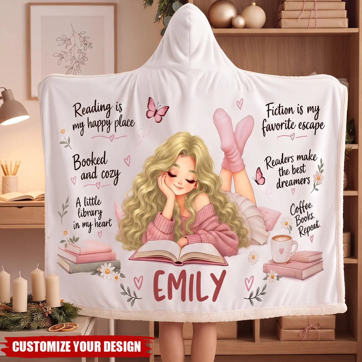 Personalized Reading Is My Happy Place Hooded Blanket