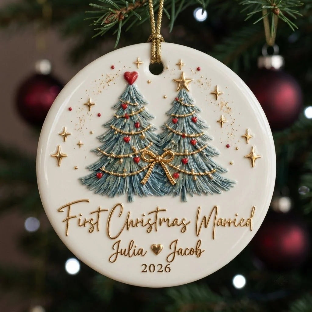 Personalized First Christmas Married Wreath Ceramic Ornament