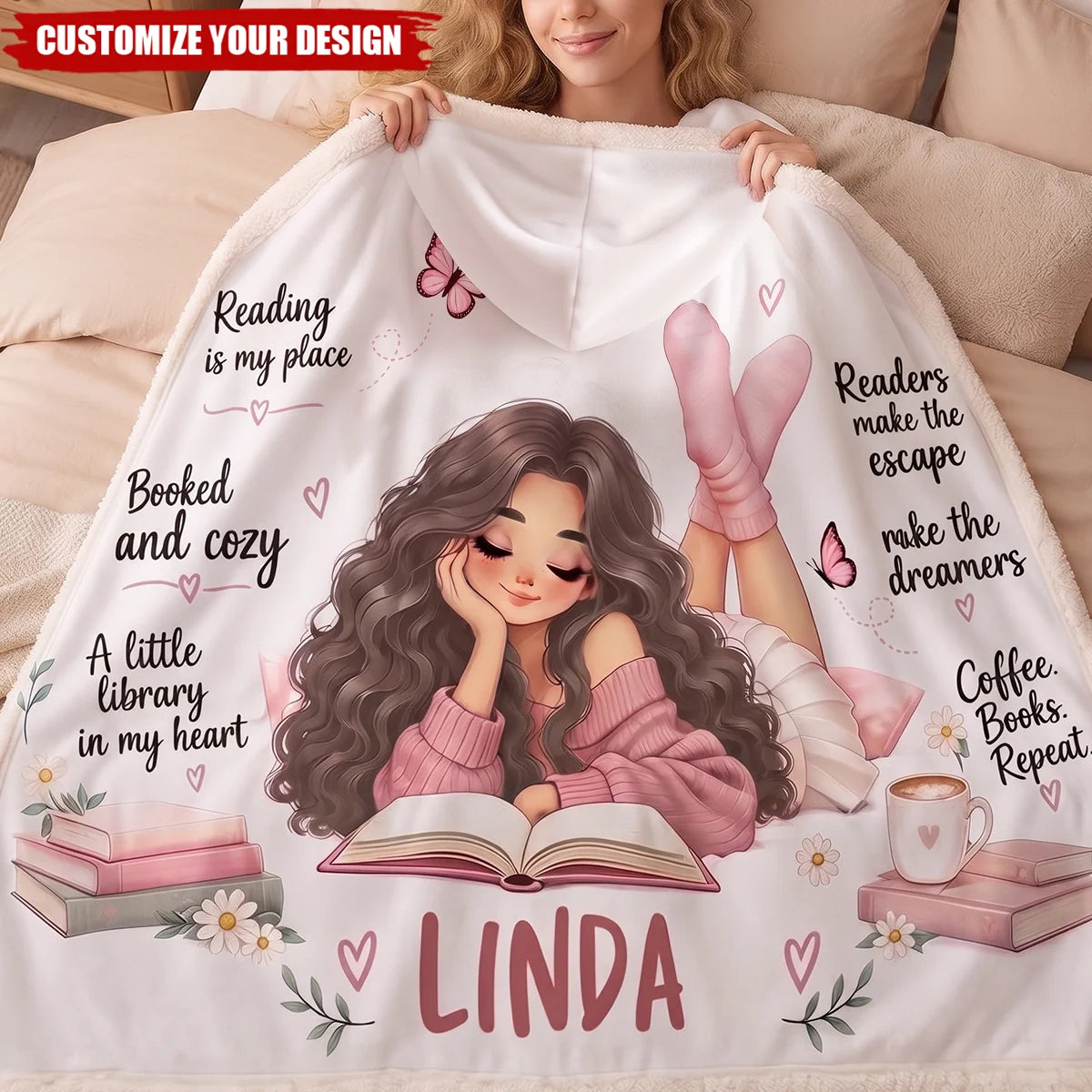 Personalized Reading Is My Happy Place Hooded Blanket