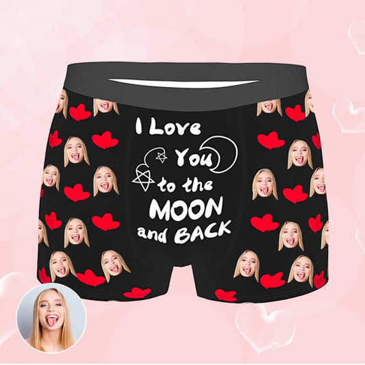 Custom I Love U to the Moon Face Heart Photo Boxer