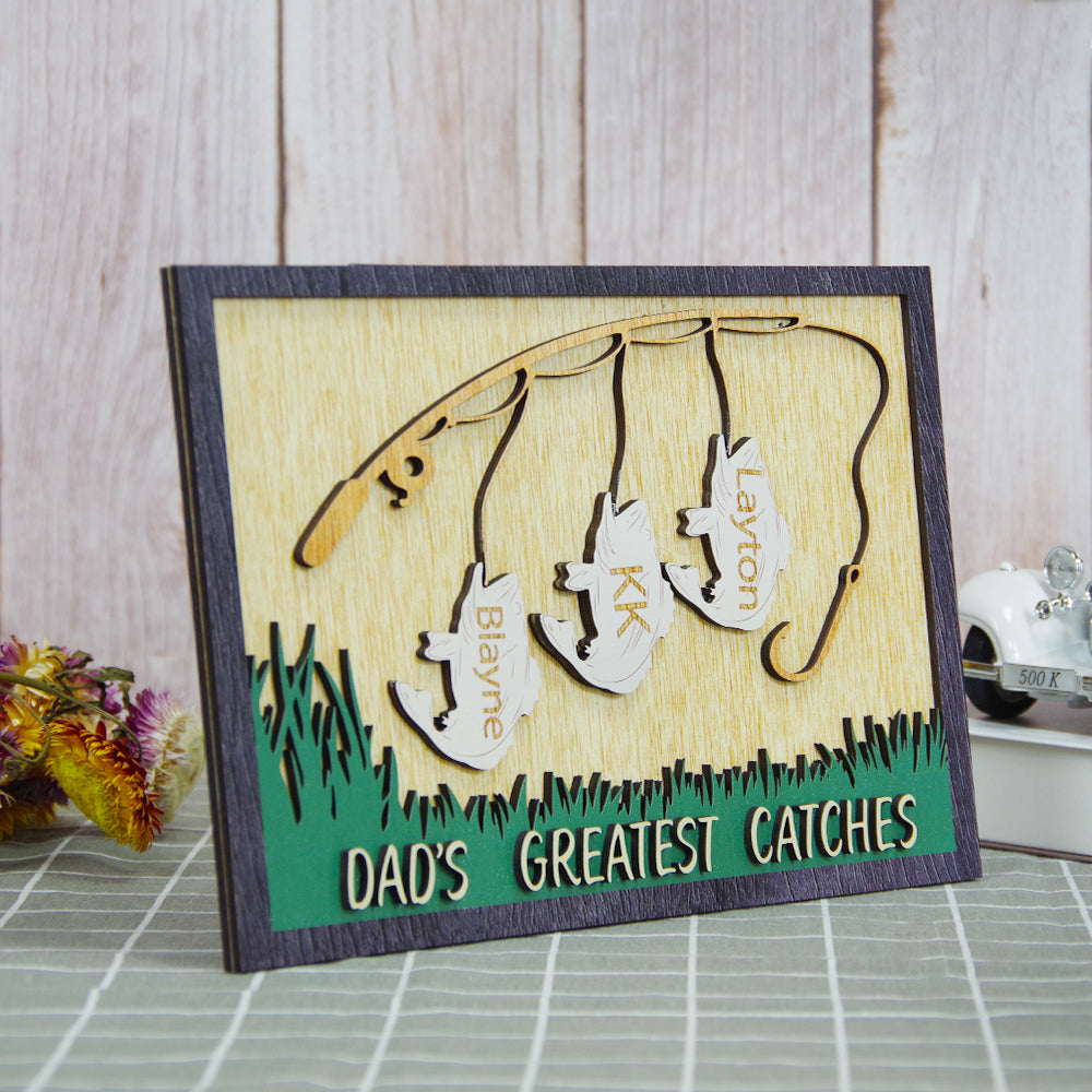 Fishing Dad's Greatest Catches, Personalized Layered Wood Sign Stand, Gifts for Dads