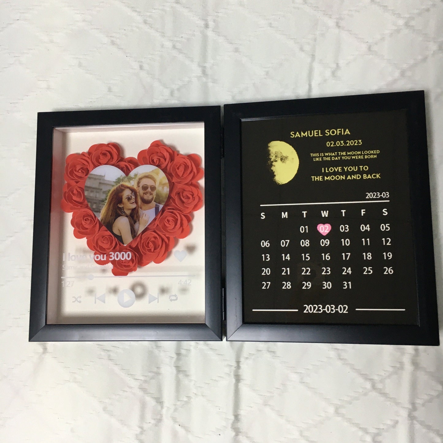 (Heart With Song) Custom Flowers Frame with REAL MOON PHASE