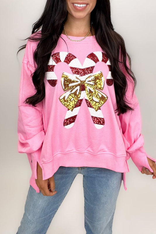 Christmas sequin print crew neck long sleeve sweatshirt