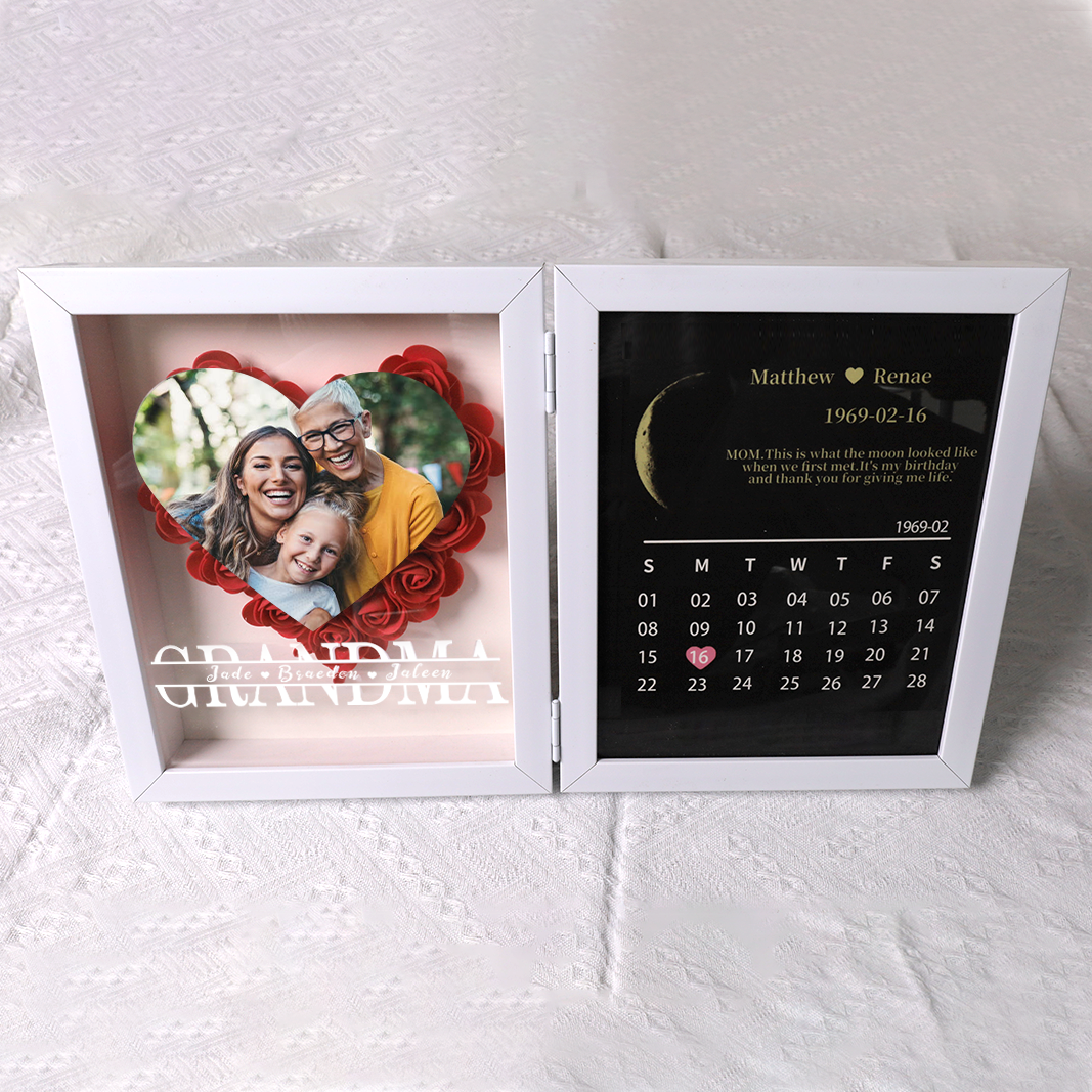 (Grandma Photo With Name) Custom Flower Frame With REAL MOON PHASE