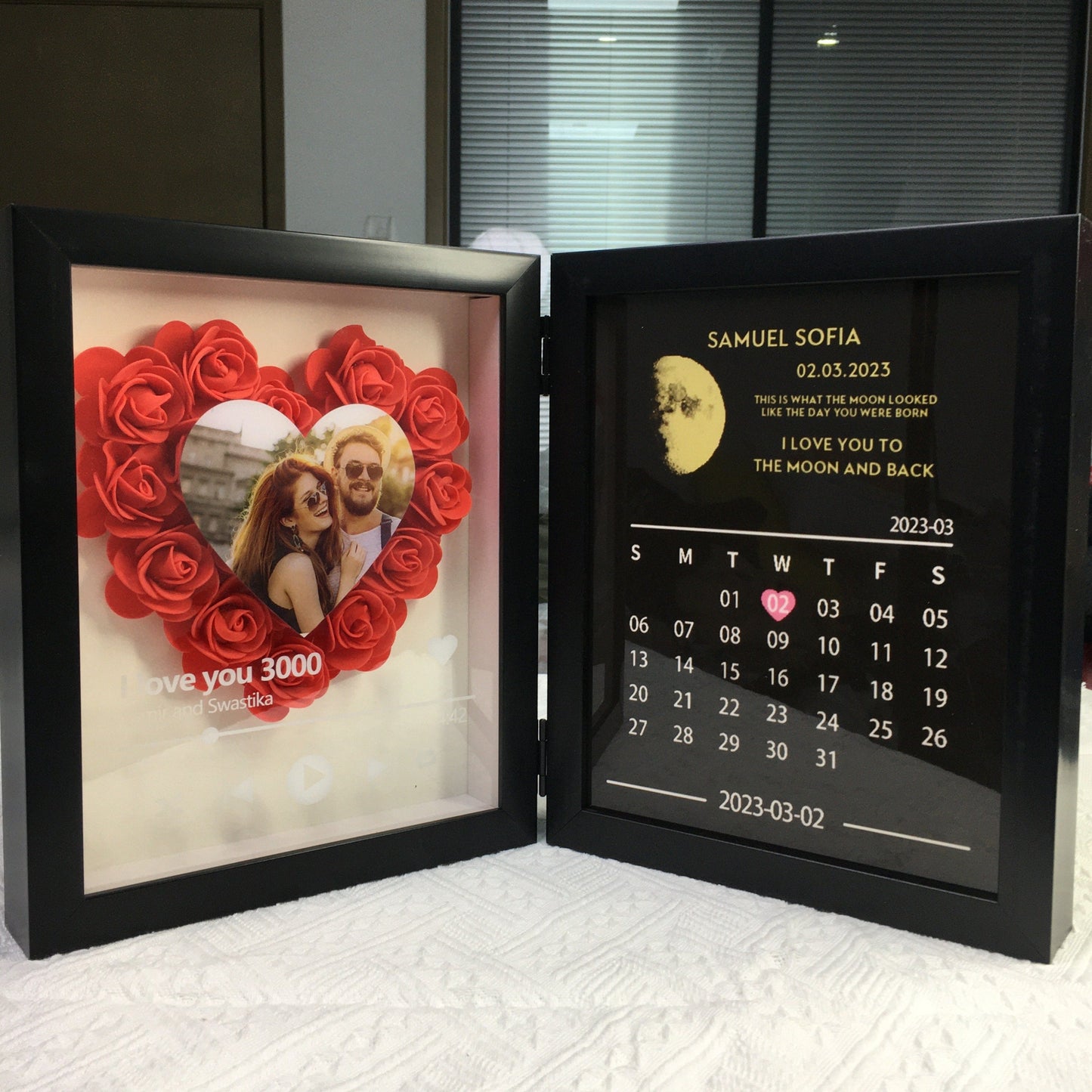 (Heart With Song) Custom Flowers Frame with REAL MOON PHASE