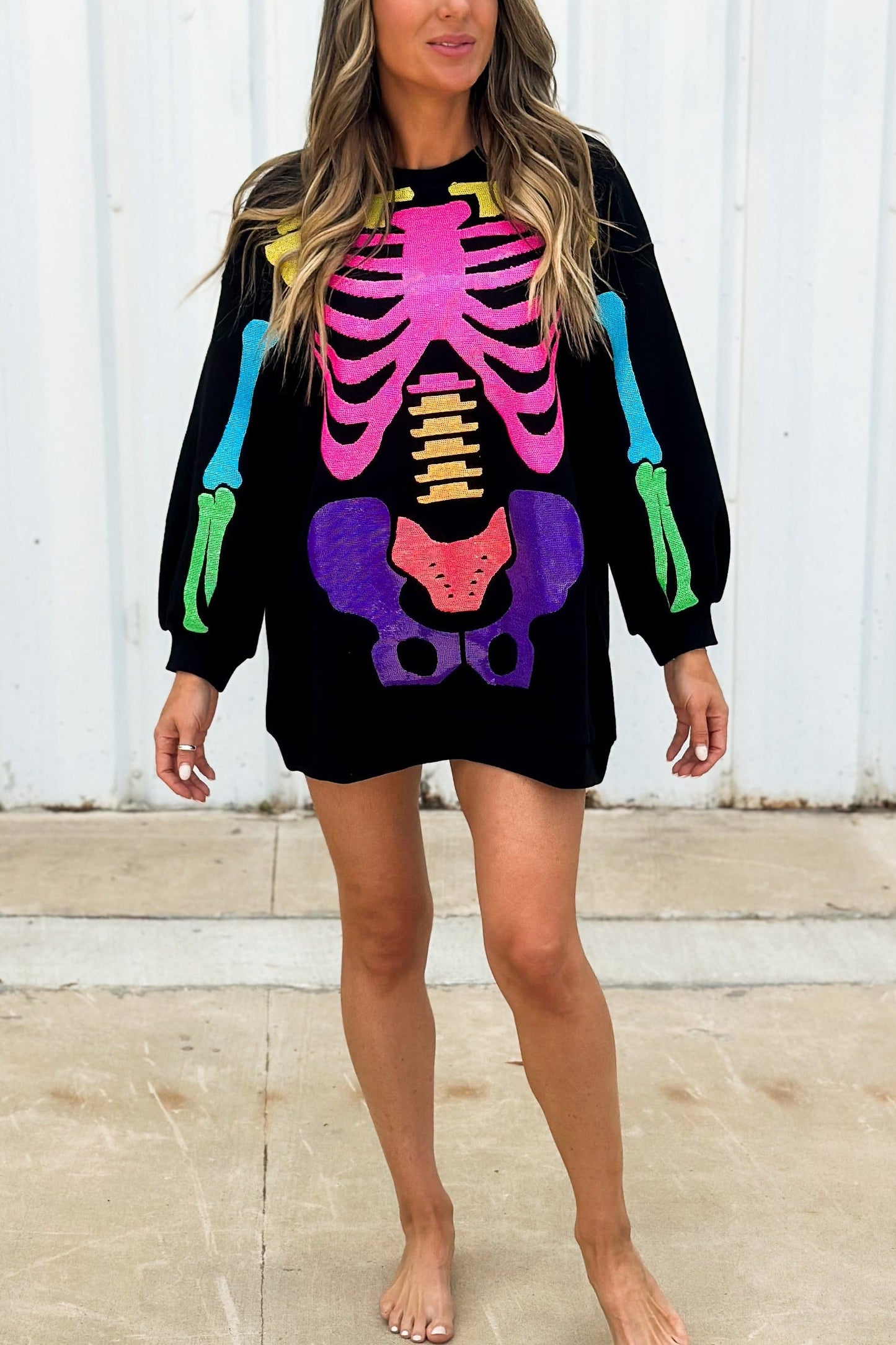 Rainbow Skeleton Sweatshirt Dress - Black