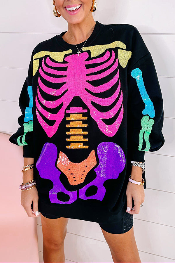 Rainbow Skeleton Sweatshirt Dress - Black