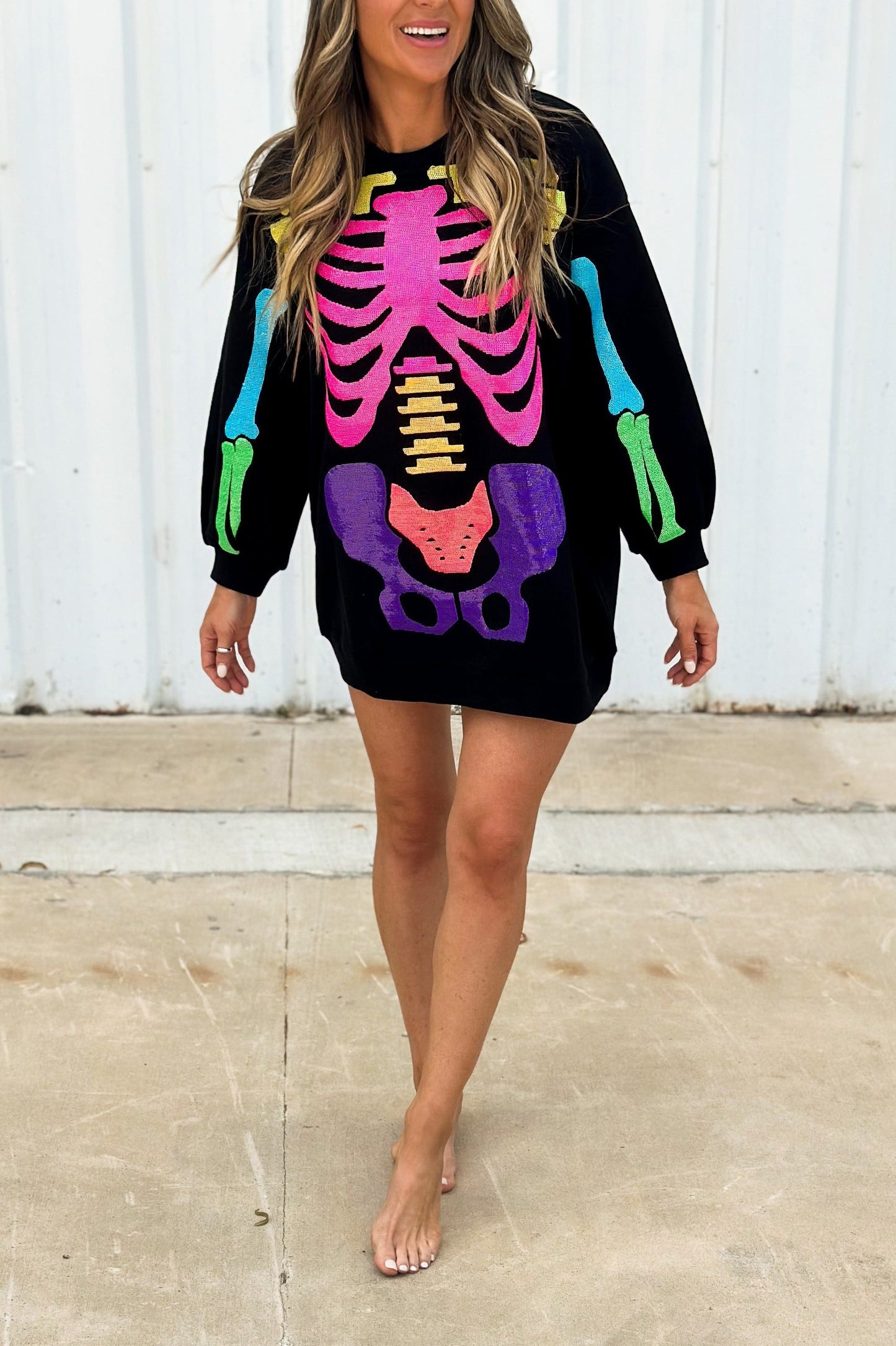 Rainbow Skeleton Sweatshirt Dress - Black