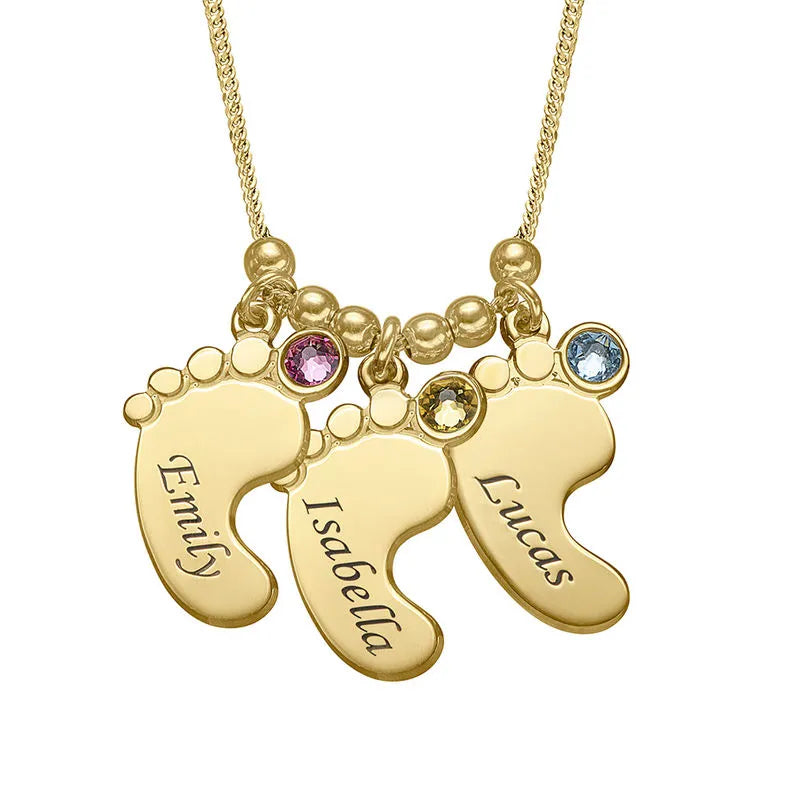 Custom Name Birthstone Baby Feet Charm Necklace