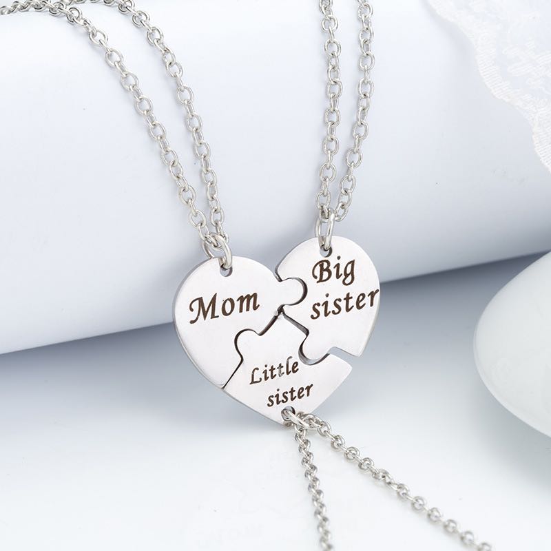 Family Heart Pendant Puzzle Necklace Bracelet Keychian