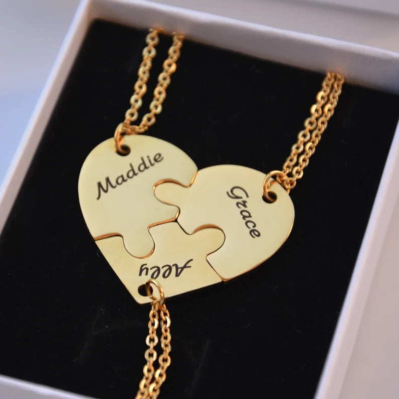 Family Heart Pendant Puzzle Necklace Bracelet Keychian