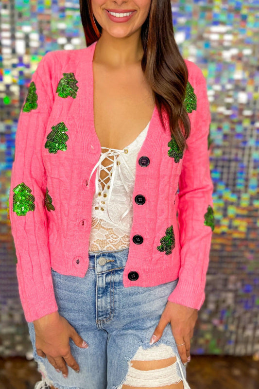 Casual Christmas tree sequin print knitted cardigan