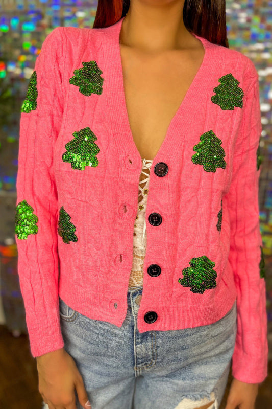 Casual Christmas tree sequin print knitted cardigan