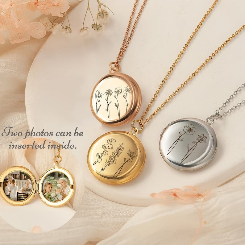 Personalized Gifts Birth Flower Photo Necklace